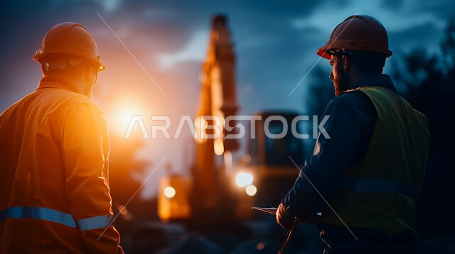مفهوم التطور و الازدهار المستقبلي للمنطقة, الاطلاع على المخططات ووضع إستراتيجيات الخطوات, صورة من الخلف لمهندسين سعوديين خليجيين عربيين يرتديان سترة وخوذة الحمايه يقفان في أحد مواقع البناء في المملكة العربية السعودية أثناء غروب الشمس, مهن ووظائف هندسية سعودية