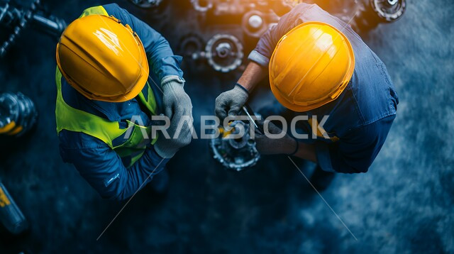 Two Saudi engineers working, supervising the workflow inside the factory in the Kingdom of Saudi Arabia, wearing helmet and work protection jacket, inspecting equipment and auditing work, supervising and discussing work