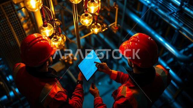 Using tablets for drawing and planning, two Saudi engineers working to supervise the workflow inside the factory in the Kingdom of Saudi Arabia, wearing a helmet and protective jacket for work, inspecting equipment and auditing work, supervising and discussing work