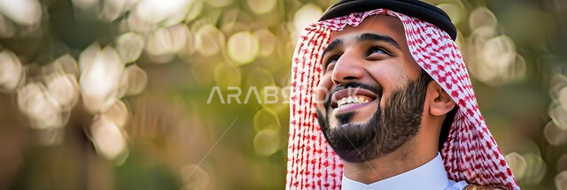 التركيز على شيء  بايماءات السرور والسعادة، مفهوم التأمل والتخطيط للمستقبل، الرجولة والأناقة والاهتمام بالمظهر الخارجي، صورة مقربة لرجل سعودي عربي خليجي مبتسم يرتدي الثوب التقليدي والشماغ ينظر إلى الأعلى بتعابير البشاشة