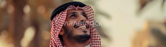 التركيز على شيء  بايماءات السرور والسعادة، مفهوم التأمل والتخطيط للمستقبل، الرجولة والأناقة والاهتمام بالمظهر الخارجي، صورة مقربة لرجل سعودي عربي خليجي مبتسم يرتدي الثوب التقليدي والشماغ ينظر إلى الأعلى بتعابير البشاشة
