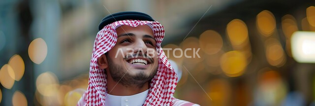 التركيز على شيء  بايماءات السرور والسعادة، مفهوم التأمل والتخطيط للمستقبل، الرجولة والأناقة والاهتمام بالمظهر الخارجي، صورة مقربة لرجل سعودي عربي خليجي مبتسم يرتدي الثوب التقليدي والشماغ ينظر إلى الأعلى بتعابير البشاشة