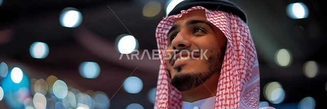 التركيز على شيء  بايماءات السرور والسعادة، مفهوم التأمل والتخطيط للمستقبل، الرجولة والأناقة والاهتمام بالمظهر الخارجي، صورة مقربة لرجل سعودي عربي خليجي مبتسم يرتدي الثوب التقليدي والشماغ ينظر إلى الأعلى بتعابير البشاشة