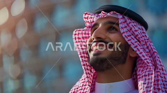الرجولة والأناقة والاهتمام بالمظهر الخارجي، صورة مقربة لرجل سعودي عربي خليجي مبتسم يرتدي الثوب التقليدي والشماغ ينظر إلى الأعلى بتعابير البشاشة، التركيز على شيء  بايماءات السرور والسعادة، مفهوم التأمل والتخطيط للمستقبل
