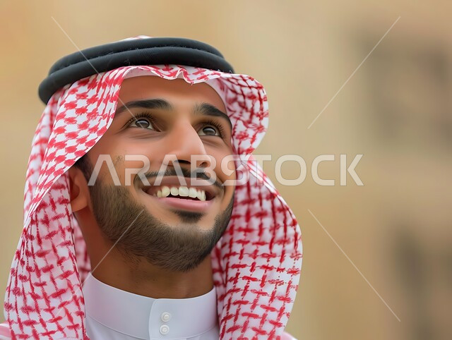 الرجولة والأناقة والاهتمام بالمظهر الخارجي، صورة مقربة لرجل سعودي عربي خليجي مبتسم يرتدي الثوب التقليدي والشماغ ينظر إلى الأعلى بتعابير البشاشة، التركيز على شيء  بايماءات السرور والسعادة، مفهوم التأمل والتخطيط للمستقبل