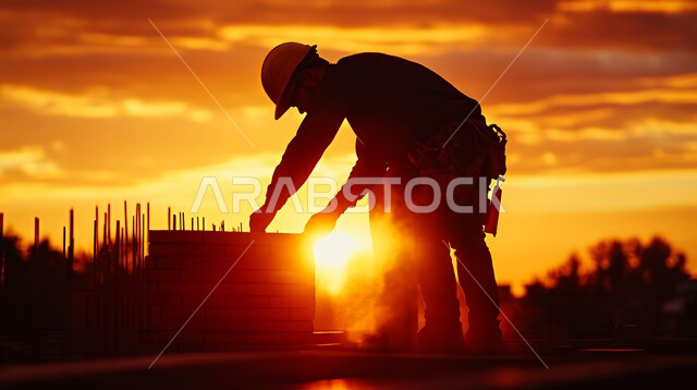 أعمال البناء وصب الخرسانات و وضع الأساسات، مبنى قيد الانشاء في المملكة العربية السعودية, صورة ظلية لعامل بناء عربي خليجي سعودي يضع الطوب عند غروب الشمس, مفهوم الهندسة الإنشائية و المعمارية، تنفيذ مخطط الإعمار وتشكيل الهيكل المعدني
