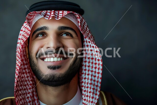 مفهوم التأمل والتخطيط للمستقبل، الرجولة والأناقة والاهتمام بالمظهر الخارجي، بورتريه مقرب لرجل سعودي عربي خليجي مبتسم يرتدي الثوب التقليدي والشماغ ينظر إلى الأعلى بتعابير البشاشة، التركيز على شيء  بايماءات السرور والسعادة، خلفية سوداء