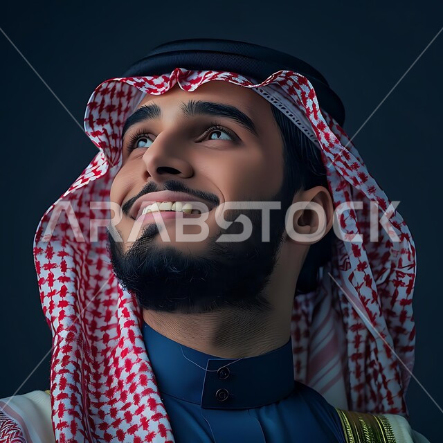 مفهوم التأمل والتخطيط للمستقبل، الرجولة والأناقة والاهتمام بالمظهر الخارجي، بورتريه مقرب لرجل سعودي عربي خليجي مبتسم يرتدي الثوب التقليدي والشماغ ينظر إلى الأعلى بتعابير البشاشة، التركيز على شيء  بايماءات السرور والسعادة، خلفية سوداء