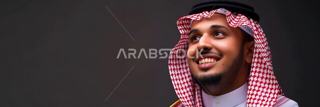 مفهوم التأمل والتخطيط للمستقبل، الرجولة والأناقة والاهتمام بالمظهر الخارجي، بورتريه مقرب لرجل سعودي عربي خليجي مبتسم يرتدي الثوب التقليدي والشماغ ينظر إلى الأعلى بتعابير البشاشة، التركيز على شيء  بايماءات السرور والسعادة، خلفية سوداء