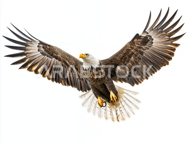 رمز القوة والتحدي وحدة البصر، تدريب وترويض الطيور الجارحة والمفترسة، إقامة نادي الصقور في موسم الصيد السنوي في المملكة العربية السعودية، الفخر بالتراث السعودي العريق في تربية طائر الصقر، بورتريه لنسر يحلق في الجو, خلفية بيضاء