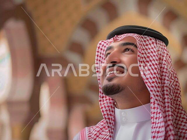 الاهتمام بالمظهر الخارجي والأناقة والرجولة، صورة مقربة لرجل سعودي عربي خليجي مبتسم يرتدي الثوب التقليدي والشماغ ينظر إلى الأعلى بتعابير البشاشة، مفهوم التأمل والتخطيط للمستقبل، التركيز على شيء  بايماءات السعادة والسرور