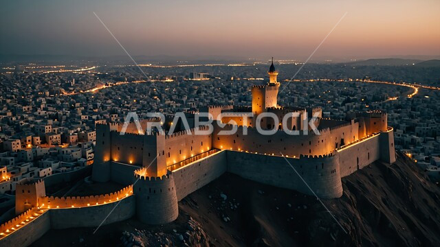 الفن الهندسي المعماري للمباني الطينية من التراث القديم، الحضارة العريقة لأماكن جذب السياح والزوار, متحف قصر المصمك التاريخي المضيء ليلا في مدينة الرياض في المملكة العربية السعودية, المعالم الأثرية السياحية المتميزة