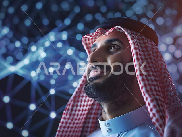 التأمل والتخطيط للمستقبل، التركيز على شيء ما بايماءات السعادة والسرور، الاهتمام بالمظهر الخارجي، مفهوم الأناقة والرجولة، صورة مقربة لرجل سعودي عربي خليجي مبتسم يرتدي الثوب التقليدي والشماغ ينظر إلى الأعلى بتعابير البشاشة، خلفية شبكات هولوجرامية