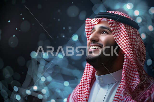 التأمل والتخطيط للمستقبل، التركيز على شيء ما بايماءات السعادة والسرور، الاهتمام بالمظهر الخارجي، مفهوم الأناقة والرجولة، صورة مقربة لرجل سعودي عربي خليجي مبتسم يرتدي الثوب التقليدي والشماغ ينظر إلى الأعلى بتعابير البشاشة، خلفية شبكات هولوجرامية