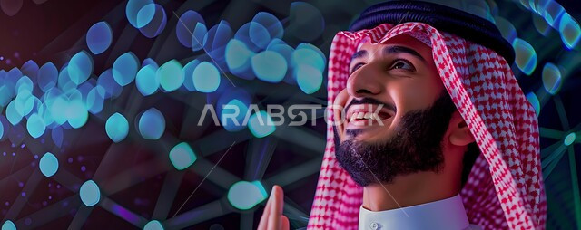 Meditation and planning for the future, focusing on something with gestures of happiness and pleasure, taking care of one's appearance, concept of elegance and masculinity, close-up of a smiling Saudi Arabian Gulf man wearing traditional thobe and shemagh looking up with cheerful expressions, holographic background