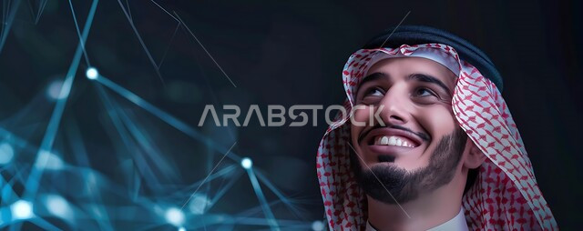 التأمل والتخطيط للمستقبل، التركيز على شيء ما بايماءات السعادة والسرور، الاهتمام بالمظهر الخارجي، مفهوم الأناقة والرجولة، صورة مقربة لرجل سعودي عربي خليجي مبتسم يرتدي الثوب التقليدي والشماغ ينظر إلى الأعلى بتعابير البشاشة، خلفية شبكات هولوجرامية