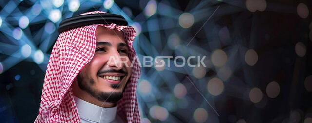 التأمل والتخطيط للمستقبل، التركيز على شيء ما بايماءات السعادة والسرور، الاهتمام بالمظهر الخارجي، مفهوم الأناقة والرجولة، صورة مقربة لرجل سعودي عربي خليجي مبتسم يرتدي الثوب التقليدي والشماغ ينظر إلى الأعلى بتعابير البشاشة، خلفية شبكات هولوجرامية