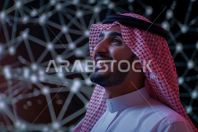 التأمل والتخطيط للمستقبل، التركيز على شيء ما بايماءات السعادة والسرور، الاهتمام بالمظهر الخارجي، مفهوم الأناقة والرجولة، صورة مقربة لرجل سعودي عربي خليجي مبتسم يرتدي الثوب التقليدي والشماغ ينظر إلى الأعلى بتعابير البشاشة، خلفية شبكات هولوجرامية