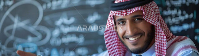 التحديق وشرود الذهن، الشعور بالفرح والسرور، التأمل والتخطيط للمستقبل، الأناقة والاهتمام بالمظهر الخارجي، مفهوم الثقة بالنفس والرجولة، صورة مقربة لرجل سعودي عربي خليجي مبتسم يرتدي الثوب التقليدي والشماغ ينظر إلى الكاميرا بايماءات السعادة