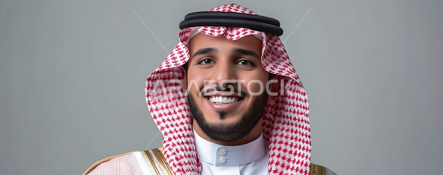 الشعور بالفرح والسرور، التأمل والتخطيط للمستقبل، الأناقة والاهتمام بالمظهر الخارجي، مفهوم الثقة بالنفس والرجولة، بورتريه مقرب لرجل سعودي عربي خليجي مبتسم يرتدي الثوب التقليدي والشماغ ينظر إلى الكاميرا بايماءات السعادة، التأمل وشرود الذهن, خلفية رمادية