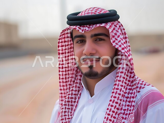 الشعور بالفرح والسرور، التأمل والتخطيط للمستقبل، الأناقة والاهتمام بالمظهر الخارجي، مفهوم الثقة بالنفس والرجولة، صورة مقربة لرجل سعودي عربي خليجي مبتسم يرتدي الثوب التقليدي والشماغ ينظر إلى الكاميرا بايماءات السعادة، التحديق والتأمل وشرود الذهن