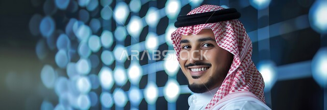التأمل والتخطيط للمستقبل، الأناقة والاهتمام بالمظهر الخارجي، مفهوم الثقة بالنفس والرجولة، صورة مقربة لرجل سعودي عربي خليجي مبتسم يرتدي الثوب التقليدي والشماغ ينظر إلى الكاميرا بايماءات السعادة، التحديق وشرود الذهن، الشعور بالفرح والسرور، خلفية شبكات هولوجرامية