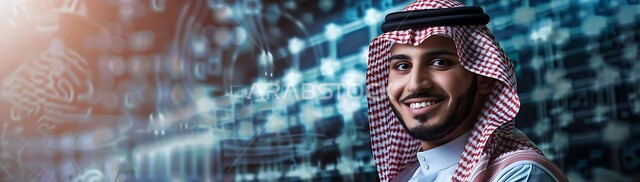 التأمل والتخطيط للمستقبل، الأناقة والاهتمام بالمظهر الخارجي، مفهوم الثقة بالنفس والرجولة، صورة مقربة لرجل سعودي عربي خليجي مبتسم يرتدي الثوب التقليدي والشماغ ينظر إلى الكاميرا بايماءات السعادة، التحديق وشرود الذهن، الشعور بالفرح والسرور، خلفية شبكات هولوجرامية