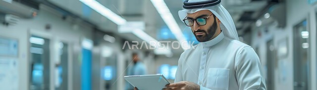 إجراء مقابلات عمل أونلاين, استخدام الأجهزة والتقنيات الحديثة لتسهيل الأعمال, صورة مقربة لرجل أعمال عربي سعودي خليجي يرتدي الثوب التقليدي والشماغ يحمل بيده جهاز التابليت، مهن ووظائف سعودية، ايماءات وتعابير التركيز والاندماج