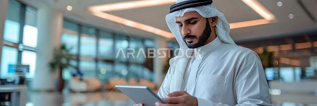 إجراء مقابلات عمل أونلاين, استخدام الأجهزة والتقنيات الحديثة لتسهيل الأعمال, صورة مقربة لرجل أعمال عربي سعودي خليجي يرتدي الثوب التقليدي والشماغ يحمل بيده جهاز التابليت، مهن ووظائف سعودية، ايماءات وتعابير التركيز والاندماج