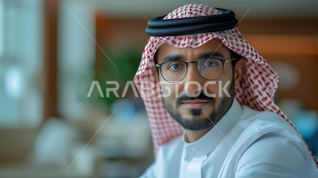 مفهوم الثقة بالنفس والرجولة، التحديق وشرود الذهن، التأمل والتخطيط للمستقبل، الأناقة والاهتمام بالمظهر الخارجي، صورة مقربة لرجل سعودي عربي خليجي مبتسم يرتدي الثوب التقليدي والشماغ ينظر إلى الكاميرا بايماءات الجدية والهيبة