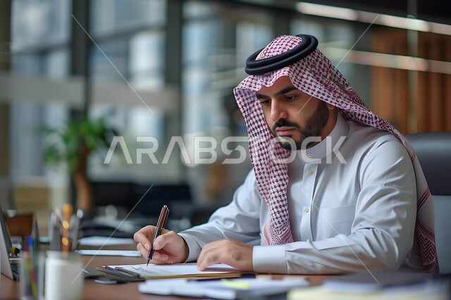مهن ووظائف مكتبيه  انجاز المهام وتحقيق الاهداف, ملفات ووثائق خاصة بالعمل, صورة مقربة لرجل عربي خليجي سعودي يرتدي الثوب التقليدي والشماغ يقوم بتدوين وكتابة الملاحظات على الورق , متابعه اعمال الشركه ودراسه وتتبع المشاريع