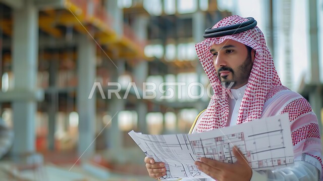 مفهوم الإشراف على المشاريع, العمل في القطاع الهندسي, مهن ووظائف هندسية, التطور و النمو في مجال الهندسة في المملكة العربية السعودية، صورة مقربة لمهندس عربي خليجي سعودي يرتدي الثوب التقليدي والشماغ يقف في موقع العمل و يحمل بيديه المخططات