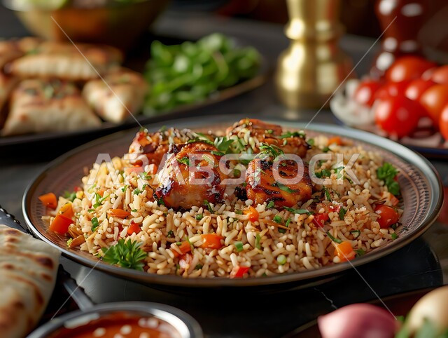 طبق من أرز البرياني وقطع الدجاج المحمرة والمطهية جيداً، أرز الكبسة مع الخضراوات والتوابل, أطباق و ماكولات عربية تقليدية, وصفات الطعام الصحية الشهية, فنون تقديم الأطعمة الشرقية اللذيذة، أنواع متعددة من الصوصات والمقبلات