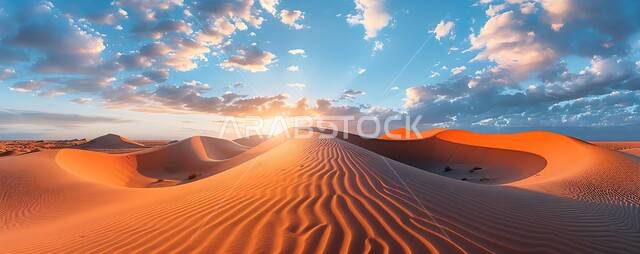 الكثبان والتلال من الرمال الناعمة الذهبية، التكوينات والتشكلات الرملية في صحراء المملكة العربية السعودية, التضاريس و المرتفعات والقمم في البراري، صورة بانورامية لمناطق البادية والبيئة الصحراوية في النهار