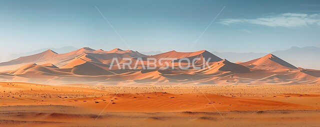 الكثبان والتلال من الرمال الناعمة الذهبية، التكوينات والتشكلات الرملية في صحراء المملكة العربية السعودية, التضاريس و المرتفعات والقمم في البراري، صورة بانورامية لمناطق البادية والبيئة الصحراوية في النهار