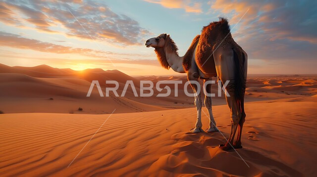 وسائل النقل القديمة, التضاريس و المناظر الطبيعيه عند الغروب، المحميات الطبيعية لتربية حيوان الابل، رعاية الثدييات والمواشي و الجمال في صحاري المملكة العربية السعودية، صورة مقربة لناقة عربية أصيلة تسير في المناطق الصحراوية، مفهوم الأصالة والعراقة