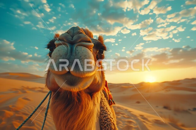 Old means of transportation, terrain and landscapes at sunset, nature reserves for raising camels, caring for mammals, livestock and camels in the deserts of the Kingdom of Saudi Arabia, a close-up of a purebred Arabian camel walking in desert areas, the concept of authenticity and antiquity
