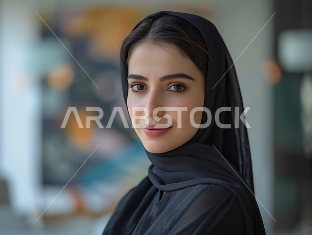 The concept of femininity and softness, elegance and interest in appearance, modern fashion and veils, a close-up of a veiled Saudi Arabian Gulf woman looking at the camera with gestures of self-confidence, expressions of happiness and pleasure, personal photos for official documents