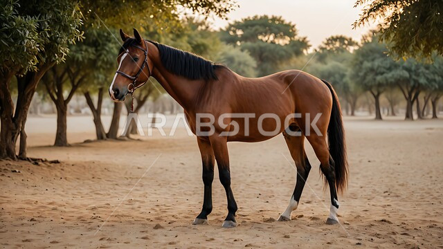رمز الشجاعة والفروسية ومهارة ركوب الخيل العربي، الشغف بالخيول وحب الفرس السعودي, توارث حب ورعاية الجياد من الأجداد في المملكة العربية السعودية, حصان بني اللون يقف في احدى المحميات الطبيعية، ممارسة هواية ركوب الأحصنة