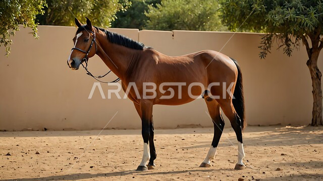 رمز الشجاعة والفروسية ومهارة ركوب الخيل العربي، الشغف بالخيول وحب الفرس السعودي, توارث حب ورعاية الجياد من الأجداد في المملكة العربية السعودية, حصان بني اللون يقف في احدى المحميات الطبيعية، ممارسة هواية ركوب الأحصنة