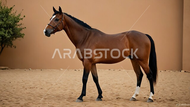 رمز الشجاعة والفروسية ومهارة ركوب الخيل العربي، الشغف بالخيول وحب الفرس السعودي, توارث حب ورعاية الجياد من الأجداد في المملكة العربية السعودية, حصان بني اللون يقف في احدى المحميات الطبيعية، ممارسة هواية ركوب الأحصنة