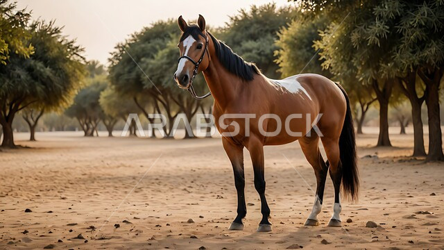 رمز الشجاعة والفروسية ومهارة ركوب الخيل العربي، الشغف بالخيول وحب الفرس السعودي, توارث حب ورعاية الجياد من الأجداد في المملكة العربية السعودية, حصان بني اللون يقف في احدى المحميات الطبيعية، ممارسة هواية ركوب الأحصنة