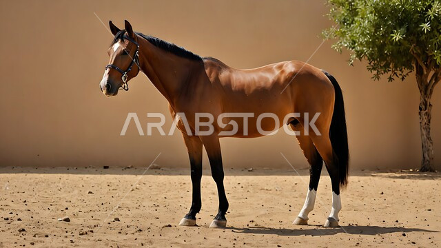 رمز الشجاعة والفروسية ومهارة ركوب الخيل العربي، الشغف بالخيول وحب الفرس السعودي, توارث حب ورعاية الجياد من الأجداد في المملكة العربية السعودية, حصان بني اللون يقف في احدى المحميات الطبيعية، ممارسة هواية ركوب الأحصنة