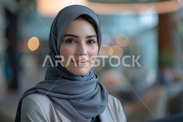 مفهوم الأنوثة والنعومة، الأناقة والاهتمام بالمظهر الخارجي، أزياء وحجابات عصريه حديثه, صورة مقربة لامرأة عربية خليجية سعودية محجبة تنظر إلى الكاميرا بإيماءات الثقة بالنفس، تعابير السعادة والسرور، الصور الشخصية للوثائق الرسمية