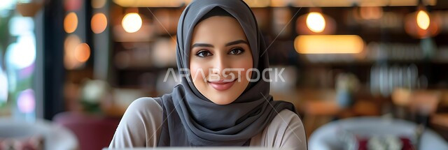 The concept of femininity and softness, elegance and interest in appearance, modern fashion and veils, a close-up of a veiled Saudi Arabian Gulf woman looking at the camera with gestures of self-confidence, expressions of happiness and pleasure, personal photos for official documents