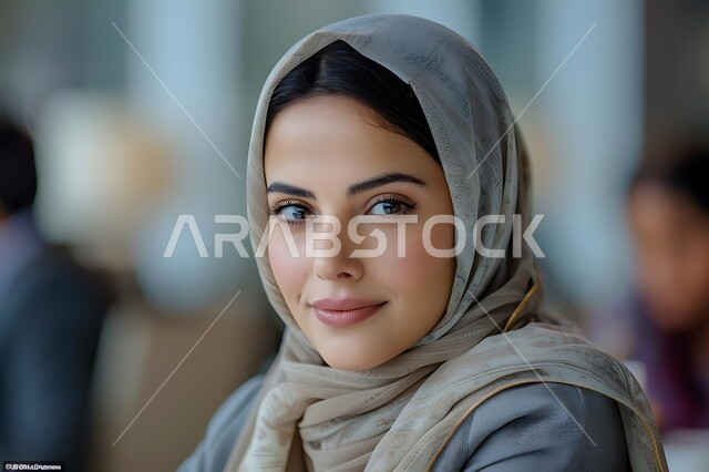 The concept of femininity and softness, elegance and interest in appearance, modern fashion and veils, a close-up of a veiled Saudi Arabian Gulf woman looking at the camera with gestures of self-confidence, expressions of happiness and pleasure, personal photos for official documents