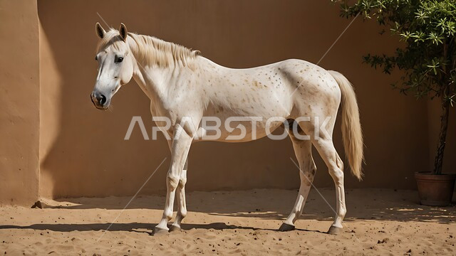 رمز الشجاعة والفروسية ومهارة ركوب الخيل العربي، الشغف بالخيول وحب الفرس السعودي, توارث حب ورعاية الجياد من الأجداد في المملكة العربية السعودية, حصان أبيض اللون يقف في احدى المحميات الطبيعية، ممارسة هواية ركوب الأحصنة