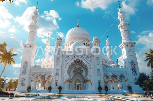 Islamic holy places during the day, Muslims call to perform religious duties and prayers, worship and drawing closer to God, modern exterior decorations and designs for building a mosque in white, architectural engineering art for building mosques in the Kingdom of Saudi Arabia, decorated domes and minarets