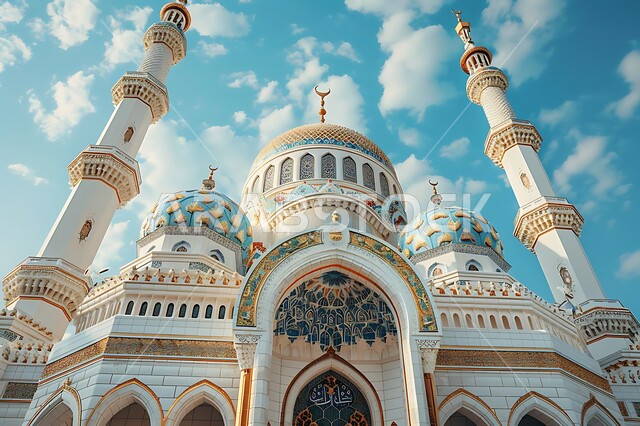  أماكن إسلامية مقدسة في النهار، نداء المسلمين لأداء الفرائض والصلوات, العبادة والتقرب الى الله, الديكورات والتصاميم الخارجية الحديثة لبناء مسجد باللون الأبيض, الفن الهندسي المعماري لبناء المساجد في المملكة العربية السعودية، القبب المآذن المزخرفة 
