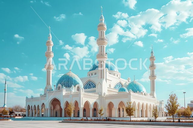  أماكن إسلامية مقدسة في النهار، نداء المسلمين لأداء الفرائض والصلوات, العبادة والتقرب الى الله, الديكورات والتصاميم الخارجية الحديثة لبناء مسجد باللون الأبيض, الفن الهندسي المعماري لبناء المساجد في المملكة العربية السعودية، القبب المآذن المزخرفة 